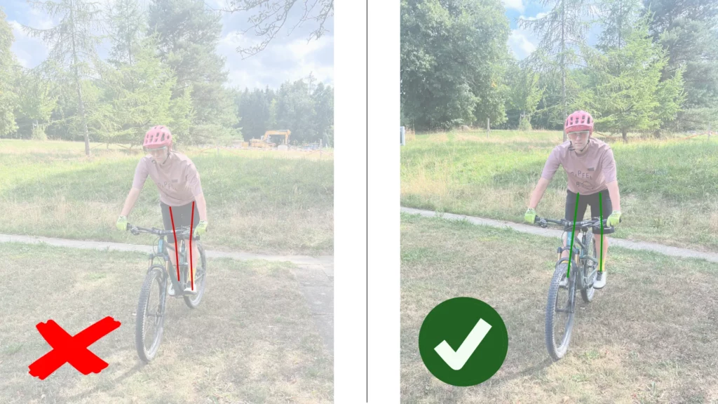 Links: Mountainbiker klemmt falschwerweise Rahmen mit Knie ein. Rechts: Mountainbiker lässt richtigweise Spiel zwischen Rahmen und Knie.
